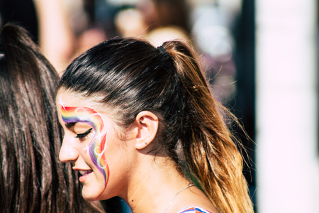 Tel Aviv Israel June 14, 2019 Portrait of unknown Israeli people participating to the gay pride parade in the streets of Tel Aviv in the afternoonのeditorial素材