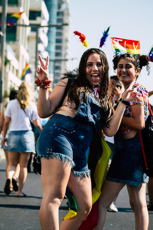 Tel Aviv Israel June 14, 2019 View of unknown Israeli people participating to the gay pride parade in the streets of Tel Aviv in the afternoonのeditorial素材