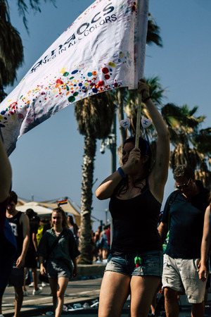 Tel Aviv Israel June 14, 2019 View of unknown Israeli people participating to the gay pride parade in the streets of Tel Aviv in the afternoonのeditorial素材