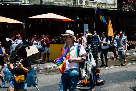 Tel Aviv Israel June 14, 2019 View of unknown Israeli people participating to the gay pride parade in the streets of Tel Aviv in the afternoonのeditorial素材