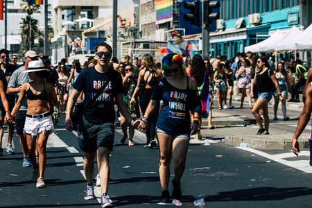 Tel Aviv Israel June 14, 2019 View of unknown Israeli people participating to the gay pride parade in the streets of Tel Aviv in the afternoonのeditorial素材
