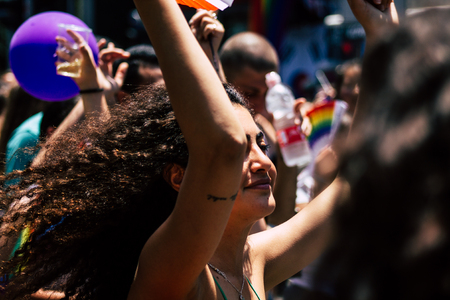 Tel Aviv Israel June 14, 2019 Portrait of unknown Israeli people participating to the gay pride parade in the streets of Tel Aviv in the afternoonのeditorial素材