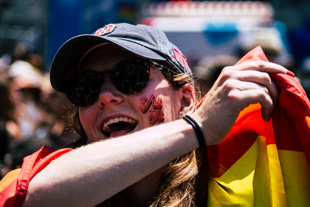 Tel Aviv Israel June 14, 2019 Portrait of unknown Israeli people participating to the gay pride parade in the streets of Tel Aviv in the afternoonのeditorial素材