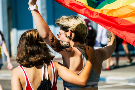 Tel Aviv Israel June 14, 2019 View of unknown Israeli people participating to the gay pride parade in the streets of Tel Aviv in the afternoonのeditorial素材
