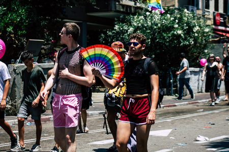 Tel Aviv Israel June 14, 2019 View of unknown Israeli people participating to the gay pride parade in the streets of Tel Aviv in the afternoonのeditorial素材