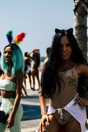 Tel Aviv Israel June 14, 2019 Portrait of unknown Israeli people participating to the gay pride parade in the streets of Tel Aviv in the afternoonのeditorial素材