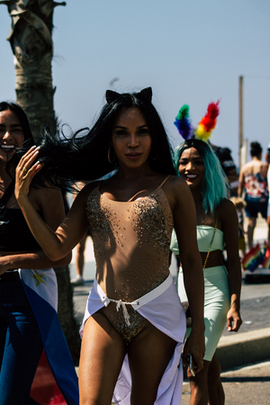 Tel Aviv Israel June 14, 2019 Portrait of unknown Israeli people participating to the gay pride parade in the streets of Tel Aviv in the afternoonのeditorial素材