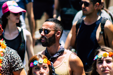 Tel Aviv Israel June 14, 2019 View of unknown Israeli people participating to the gay pride parade in the streets of Tel Aviv in the afternoonのeditorial素材