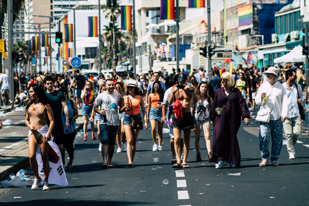 Tel Aviv Israel June 14, 2019 View of unknown Israeli people participating to the gay pride parade in the streets of Tel Aviv in the afternoonのeditorial素材