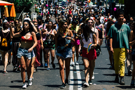 Tel Aviv Israel June 14, 2019 View of unknown Israeli people participating to the gay pride parade in the streets of Tel Aviv in the afternoonのeditorial素材