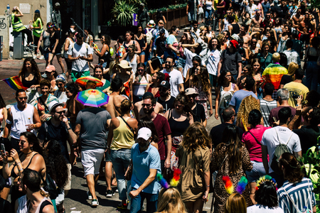 Tel Aviv Israel June 14, 2019 View of unknown Israeli people participating to the gay pride parade in the streets of Tel Aviv in the afternoonのeditorial素材