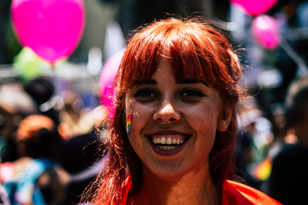 Tel Aviv Israel June 14, 2019 Portrait of unknown Israeli people participating to the gay pride parade in the streets of Tel Aviv in the afternoonのeditorial素材
