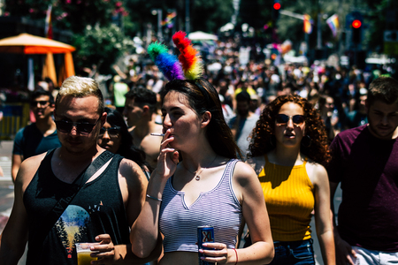 Tel Aviv Israel June 14, 2019 View of unknown Israeli people participating to the gay pride parade in the streets of Tel Aviv in the afternoonのeditorial素材