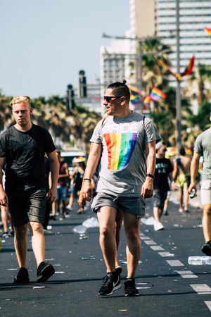 Tel Aviv Israel June 14, 2019 View of unknown Israeli people participating to the gay pride parade in the streets of Tel Aviv in the afternoonのeditorial素材