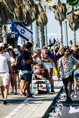 Tel Aviv Israel June 14, 2019 View of unknown Israeli people participating to the gay pride parade in the streets of Tel Aviv in the afternoonのeditorial素材