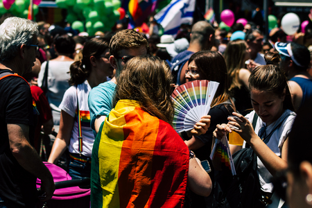 Tel Aviv Israel June 14, 2019 View of unknown Israeli people participating to the gay pride parade in the streets of Tel Aviv in the afternoonのeditorial素材