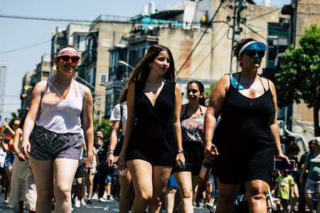Tel Aviv Israel June 14, 2019 View of unknown Israeli people participating to the gay pride parade in the streets of Tel Aviv in the afternoonのeditorial素材