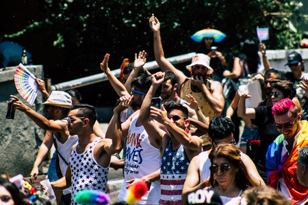 Tel Aviv Israel June 14, 2019 View of unknown Israeli people participating to the gay pride parade in the streets of Tel Aviv in the afternoonのeditorial素材