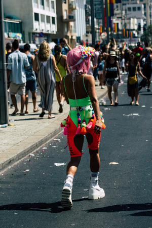 Tel Aviv Israel June 14, 2019 View of unknown Israeli people participating to the gay pride parade in the streets of Tel Aviv in the afternoonのeditorial素材