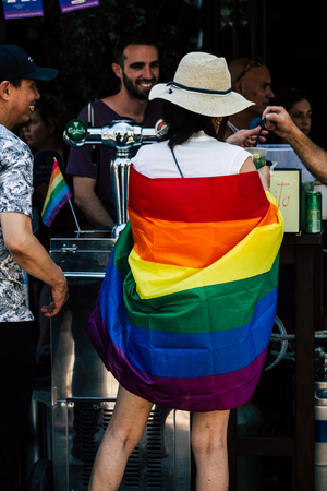 Tel Aviv Israel June 14, 2019 View of unknown Israeli people participating to the gay pride parade in the streets of Tel Aviv in the afternoonのeditorial素材