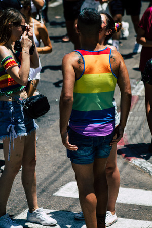 Tel Aviv Israel June 14, 2019 View of unknown Israeli people participating to the gay pride parade in the streets of Tel Aviv in the afternoonのeditorial素材
