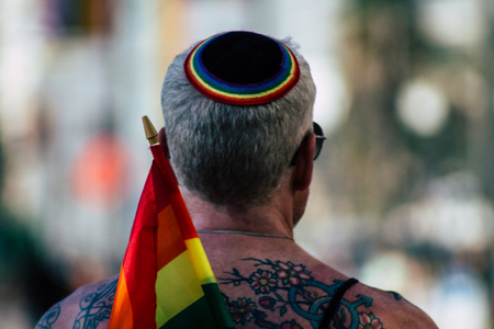 Tel Aviv Israel June 14, 2019 Portrait of unknown Israeli people participating to the gay pride parade in the streets of Tel Aviv in the afternoonのeditorial素材
