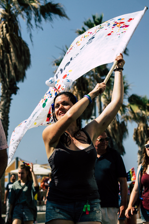 Tel Aviv Israel June 14, 2019 View of unknown Israeli people participating to the gay pride parade in the streets of Tel Aviv in the afternoonのeditorial素材