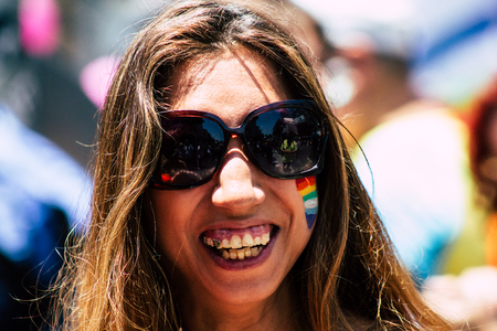 Tel Aviv Israel June 14, 2019 Portrait of unknown Israeli people participating to the gay pride parade in the streets of Tel Aviv in the afternoonのeditorial素材