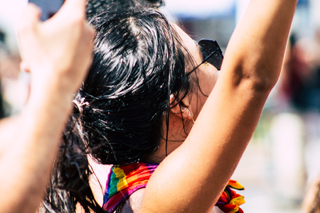 Tel Aviv Israel June 14, 2019 Portrait of unknown Israeli people participating to the gay pride parade in the streets of Tel Aviv in the afternoonのeditorial素材