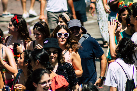 Tel Aviv Israel June 14, 2019 View of unknown Israeli people participating to the gay pride parade in the streets of Tel Aviv in the afternoonのeditorial素材