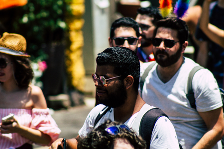 Tel Aviv Israel June 14, 2019 View of unknown Israeli people participating to the gay pride parade in the streets of Tel Aviv in the afternoonのeditorial素材