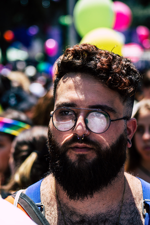 Tel Aviv Israel June 14, 2019 Portrait of unknown Israeli people participating to the gay pride parade in the streets of Tel Aviv in the afternoonのeditorial素材