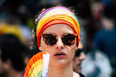 Tel Aviv Israel June 14, 2019 Portrait of unknown Israeli people participating to the gay pride parade in the streets of Tel Aviv in the afternoonのeditorial素材