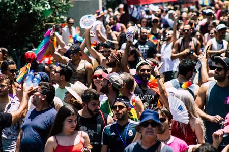 Tel Aviv Israel June 14, 2019 View of unknown Israeli people participating to the gay pride parade in the streets of Tel Aviv in the afternoonのeditorial素材