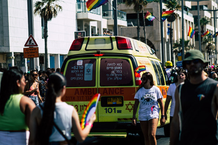 Tel Aviv Israel June 15, 2019 View of a Israeli ambulance rolling in the streets of Tel Aviv in the afternoonのeditorial素材