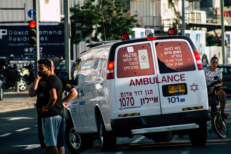 Tel Aviv Israel June 15, 2019 View of a Israeli ambulance rolling in the streets of Tel Aviv in the afternoonのeditorial素材