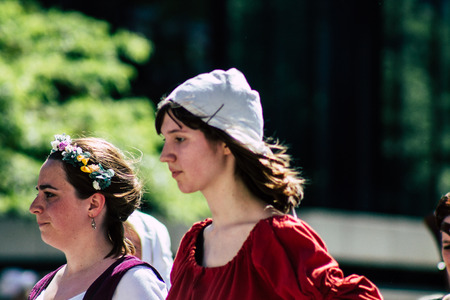 Reims France June 2, 2019 View of people in the streets of Johanniques feast, annual French celebration in Reimsのeditorial素材