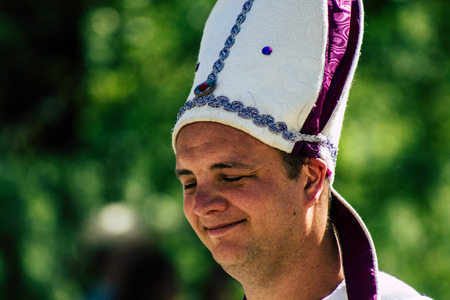 Reims France June 2, 2019 View of people disguised as medieval character unfolding in the streets during the Johanniques feast, annual French celebration in Reimsのeditorial素材
