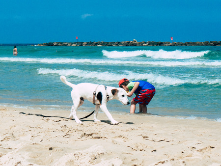 Tel Aviv Israel June 2, 2019 View of unknown Israeli children having fun on the beach of Tel Aviv in the afternoonのeditorial素材