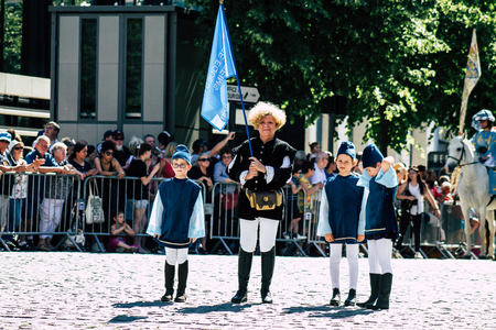 Reims France June 2, 2019 View of people disguised as medieval character unfolding in the streets during the Johanniques feast, annual French celebration in Reimsのeditorial素材