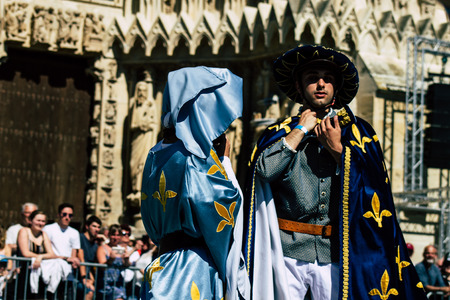Reims France June 2, 2019 View of people disguised as medieval character unfolding in the streets during the Johanniques feast, annual French celebration in Reimsのeditorial素材