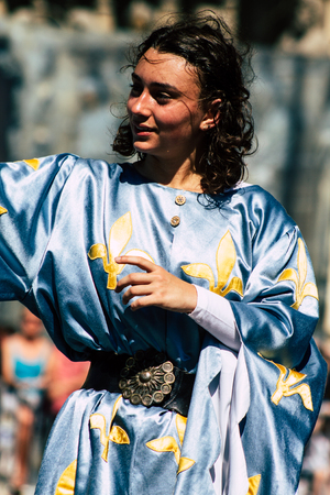 Reims France June 2, 2019 View of people disguised as medieval character unfolding in the streets during the Johanniques feast, annual French celebration in Reimsのeditorial素材