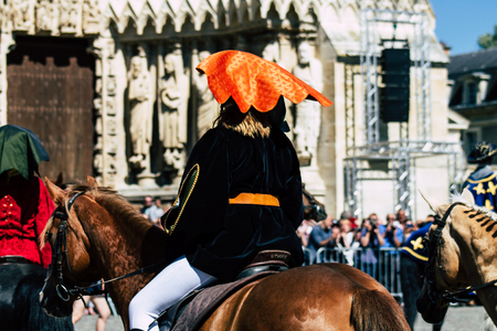 Reims France June 2, 2019 View of people disguised as medieval character unfolding in the streets during the Johanniques feast, annual French celebration in Reimsのeditorial素材
