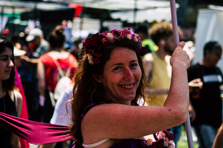 Tel Aviv Israel June 14, 2019 Portrait of unknown Israeli people participating to the gay pride parade in the streets of Tel Aviv in the afternoonのeditorial素材