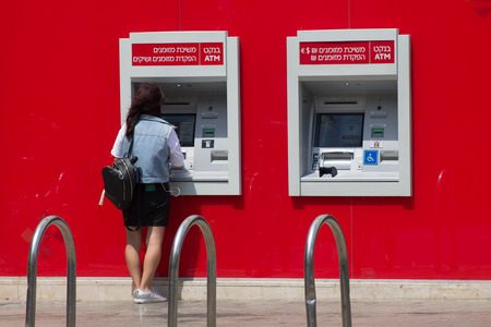 Tel Aviv Israel June 13, 2019 Closeup of a Israeli ATM in the streets of Tel Aviv in the afternoonのeditorial素材