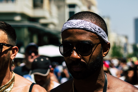 Tel Aviv Israel June 14, 2019 Portrait of unknown Israeli people participating to the gay pride parade in the streets of Tel Aviv in the afternoonのeditorial素材