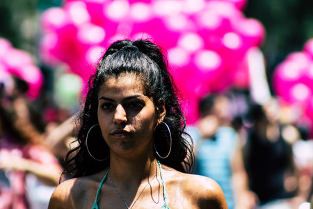 Tel Aviv Israel June 14, 2019 Portrait of unknown Israeli people participating to the gay pride parade in the streets of Tel Aviv in the afternoonのeditorial素材