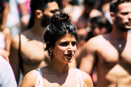 Tel Aviv Israel June 14, 2019 Portrait of unknown Israeli people participating to the gay pride parade in the streets of Tel Aviv in the afternoonのeditorial素材