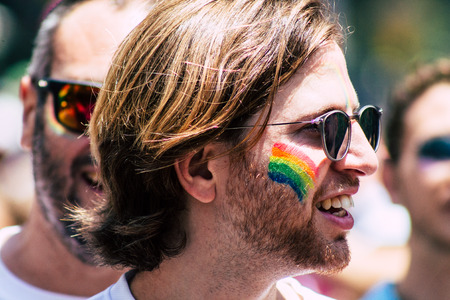 Tel Aviv Israel June 14, 2019 Portrait of unknown Israeli people participating to the gay pride parade in the streets of Tel Aviv in the afternoonのeditorial素材