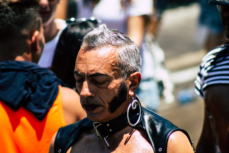 Tel Aviv Israel June 14, 2019 Portrait of unknown Israeli people participating to the gay pride parade in the streets of Tel Aviv in the afternoonのeditorial素材